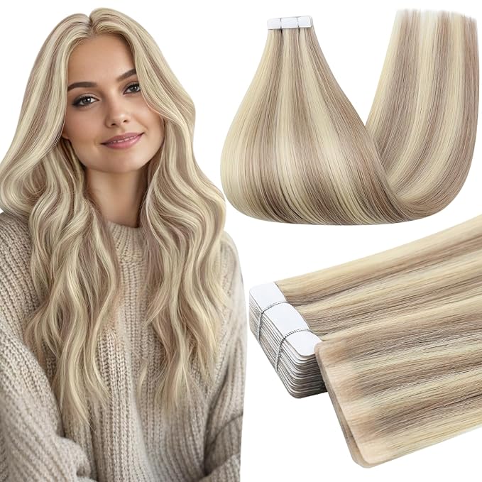 Full Shine Invisible Machine Remy Tape in Human Hair Extensions Color 18 Ash Blonde and 613 Blonde 16 Inch Injection Tape ins Extensions 20 Pcs 40 Grams Seamless Skin Weft Brazilian Natural