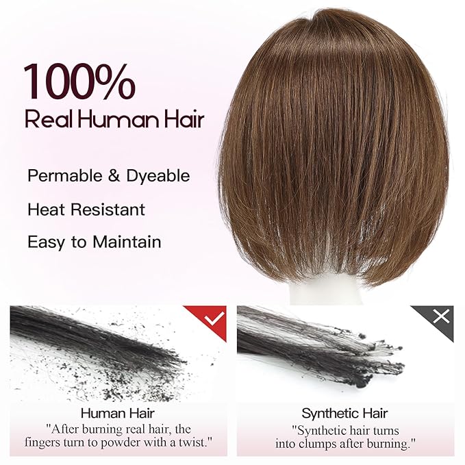 EMMOR Human Hair Toppers for Women Short Bob Real Hair with Bangs 10" Side Part Hairpieces for Women with Thin Hair 6.5" × 6.5" Larger Base Human Wig Toppers(Brown)