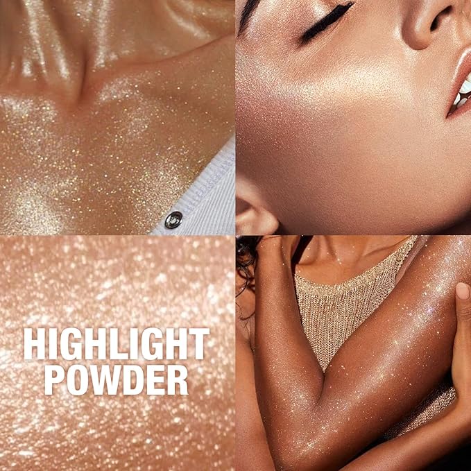 Glitter Body Highlighter Powder Body Shimmer Sparkle Face Brightening Highlighter Powder for Face Eyes Body Glow Makeup With sponge head（ Golden）