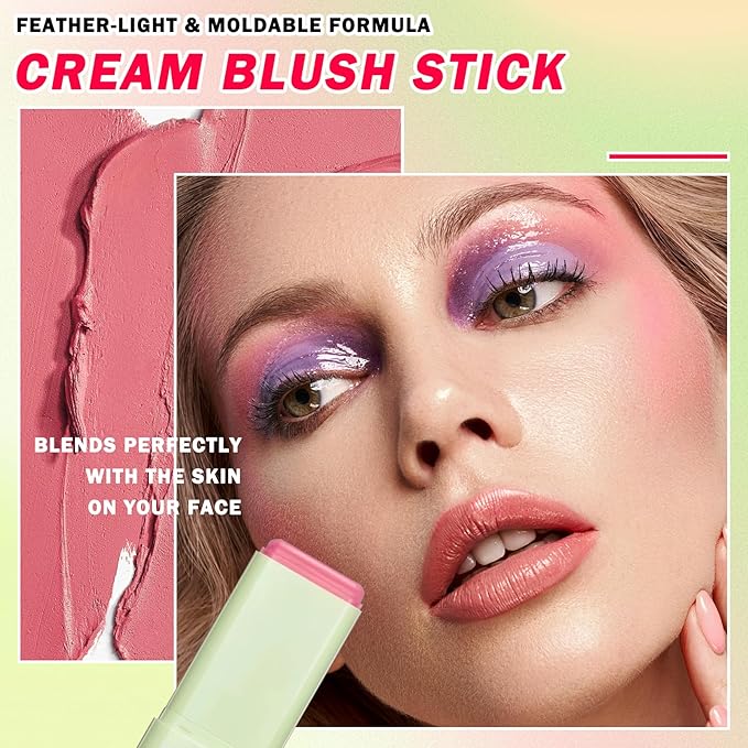 Multi-Use Cream Blush Stick,Soft Smooth Makeup Blush Stick for Cheeks Lips & Face,Waterproof Long Lasting Blendable Lightweight Face Blush Stick Matte Makeup for All Skin Types