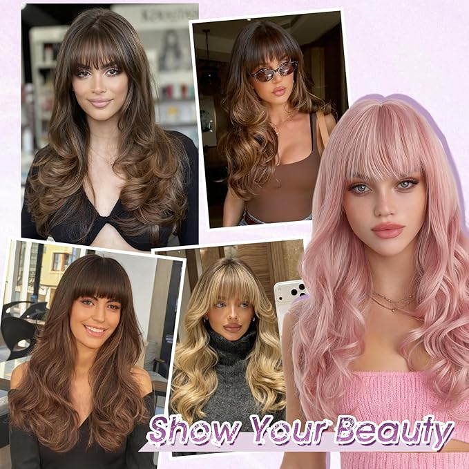 Haloo Blonde Wigs with Bangs Long Wavy Layered Haircut Natural Looking Fluffy Synthetic Heat Resistant Hair Wig for Women Daily Party, 24 Inch Dirty Blonde