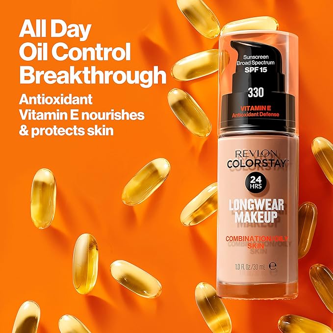 Revlon Liquid Foundation, ColorStay Face Makeup for Combination & Oily Skin, SPF 15, Medium-Full Coverage with Matte Finish, Early Tan (340), 1.0 oz