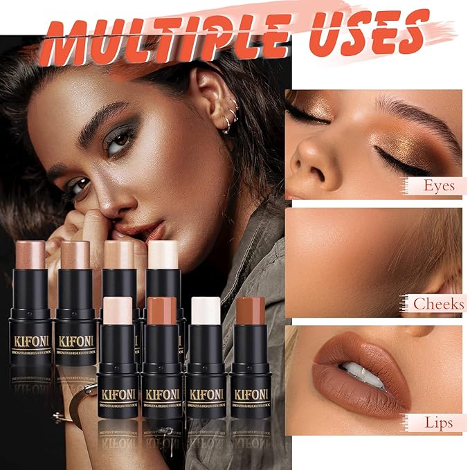 2 Pcs Cream Contour Stick Makeup Kit, Cream Highlighter Stick & Contour Bronzer Stick for Cheeks, Lightweight Blendable Smooth -Highlighter & Bronzer (#04 Light Rose Gold #07 Coffee)