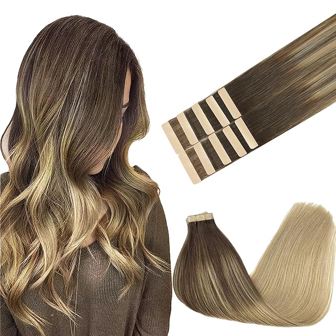 GOO GOO Tape in Hair Extensions Human Hair, 4/18 Balayage Chocolate Brown Highlighted Dirty Blonde, 22inch 30g 10pcs, Skin Weft Seamless Invisible, Silky Straight with Thick Ends, Remy Human Hair