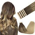 GOO GOO Tape in Hair Extensions Human Hair, 4/18 Balayage Chocolate Brown Highlighted Dirty Blonde, 22inch 30g 10pcs, Skin Weft Seamless Invisible, Silky Straight with Thick Ends, Remy Human Hair
