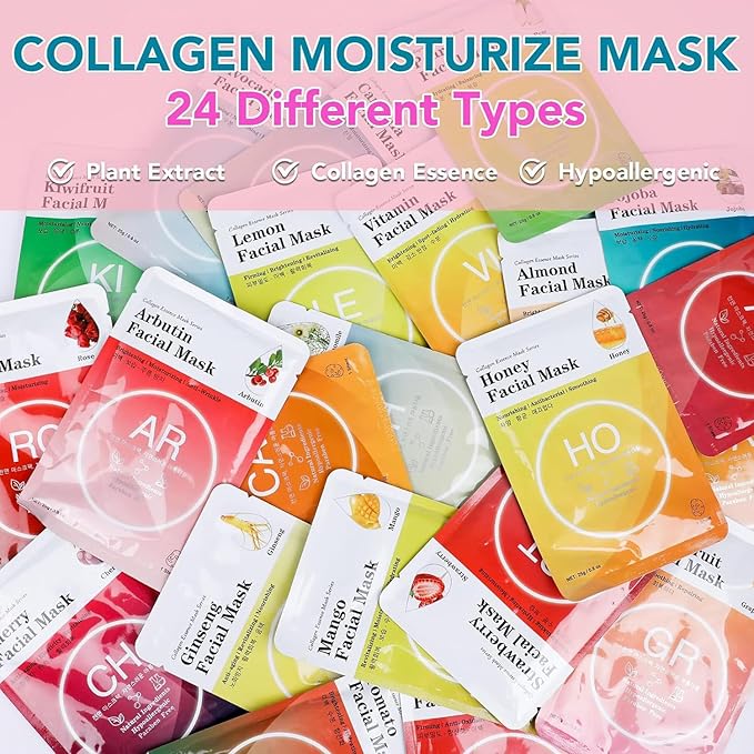 VESPRO 24 Pack Face Masks Skincare for Women, Moisturizing Face Mask Skin Care Suitable for All Skin Types, Bulk Sheet Facial Mask Gifts Set for Spa Party, Facial Masks for Women Skin Care