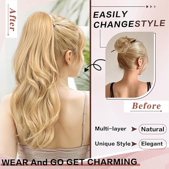 Blonde Ponytail Extension, 20 Inch Drawstring Ponytail Extension for Women Long Blonde Wavy Layered Pony Tails Hair Extensions Synthetic Clip in Ponytail Hairpiece for Women(27/613)