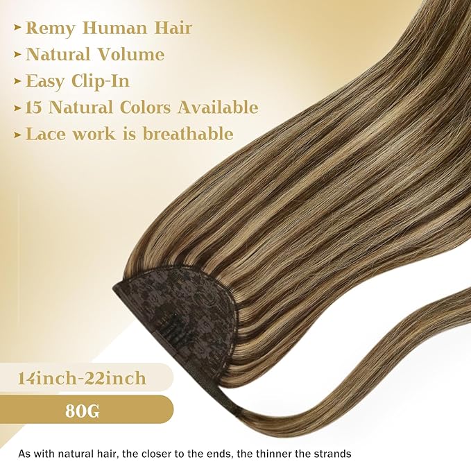 Ve Sunny Hair Extensions Ponytail Real Human Hair Wrap Around Clip in Ponytail Hair Extensions Straight Extensions Human Hair for Women Medium Brown Highlighted Caramel Blonde 22inch 80G 80G