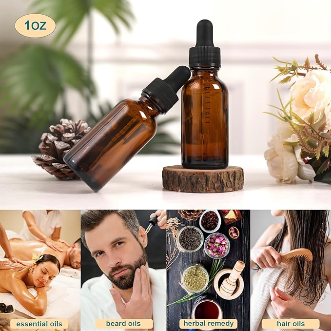 24 Pack,1oz Glass Dropper Bottle, Amber Tincture Bottles with Dropper,Pretty Finish for All Kinds of Liquids,Oil Bottles for Hair- Stronger Suction ideal for Leakproof Travel
