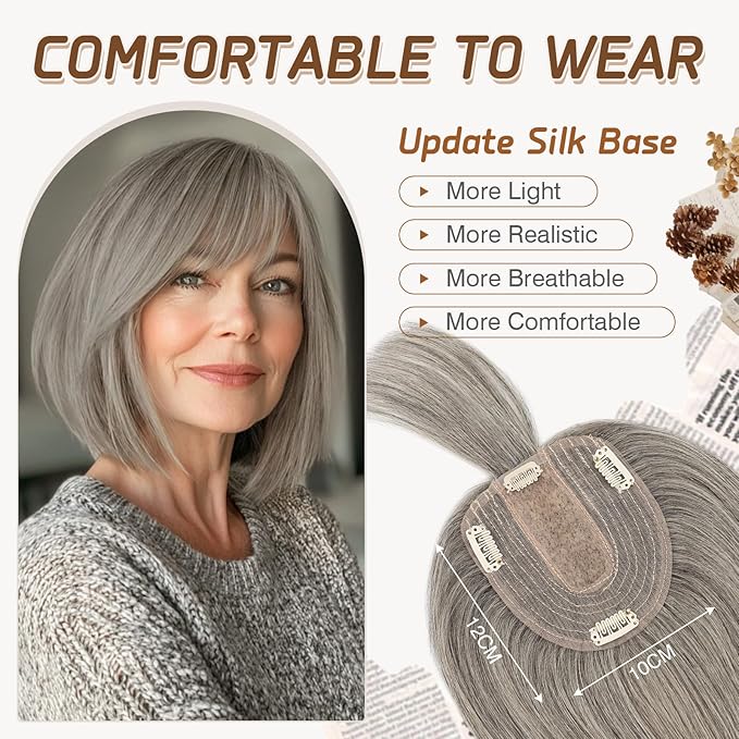 Rich Choices Real Human Hair Toppers for Women With Bang 100% Remy Human Hair Topper for Thinning Hair Clip in Silk Base Hair Topper 14 Inch Salt and Pepper G2 Silver