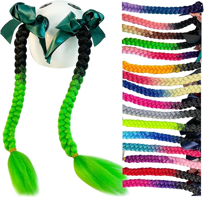 2PCS Pigtail Motorcycle Helmet Ponytail Bicycle Braids Hair Tails for Any Helmets/Suction Cup Reusable Design (Black-Green)