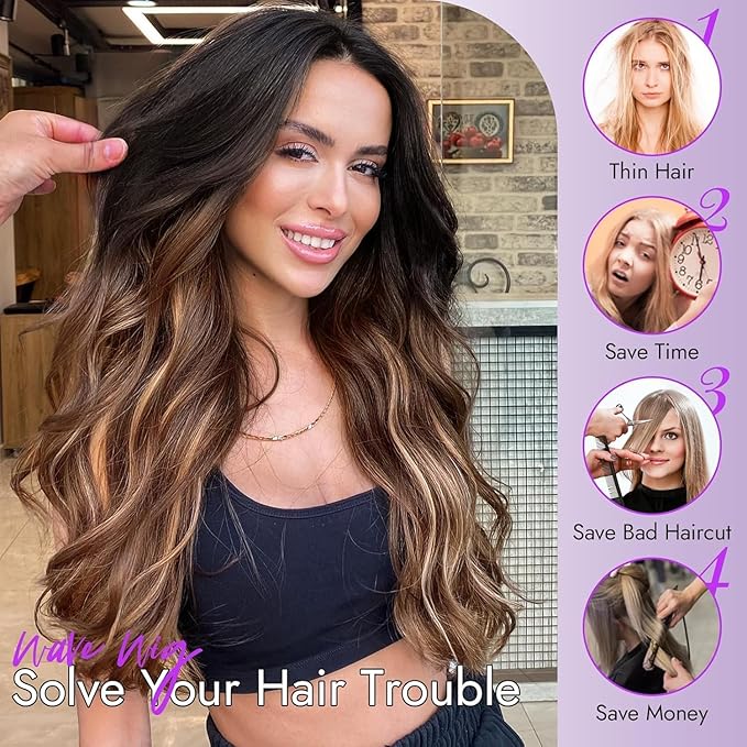 Long Chocolate Brown Highlights Wig with Bangs for Women,Layered Hairstyle Synthetic Heat Resistant for Daily Party Use 26 inch