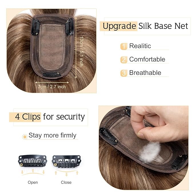 SEGO Hair Toppers for Women Real Human Hair With Bangs, 7 * 13CM Silk Base 100% Remy Human Hair Clip in Top Wiglet Hairpieces Add Volume -6 Inch Medium Brown&Dark Blonde