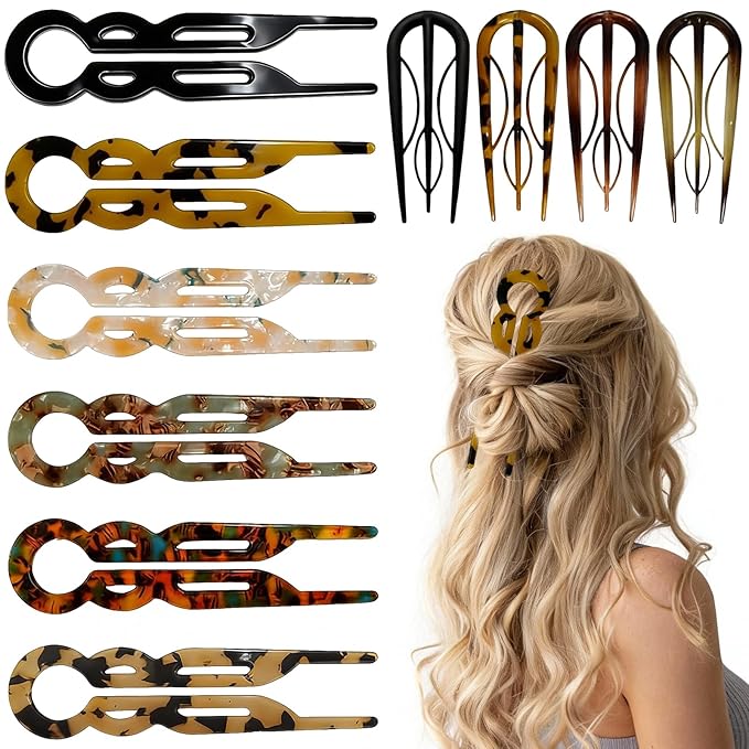 10 Pcs Prestige French Hair Pins for Women, Retro Acetate French Twist Hairpin Thin Thick Hair Clips Elegant Decorative U-shaped Hair Accessories for Updos Chignons & Buns