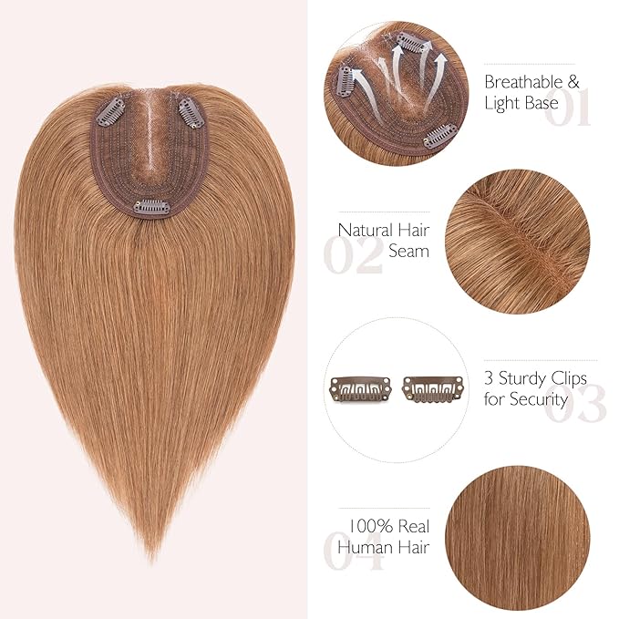 Hairro 100% Human Hair Topper No Bangs, Real Clip in Hair Hairpieces for Women, 3.94x4.72" Silk Base for Thinning Receding High Hairline, 10 Inch Light Brown Middle Part