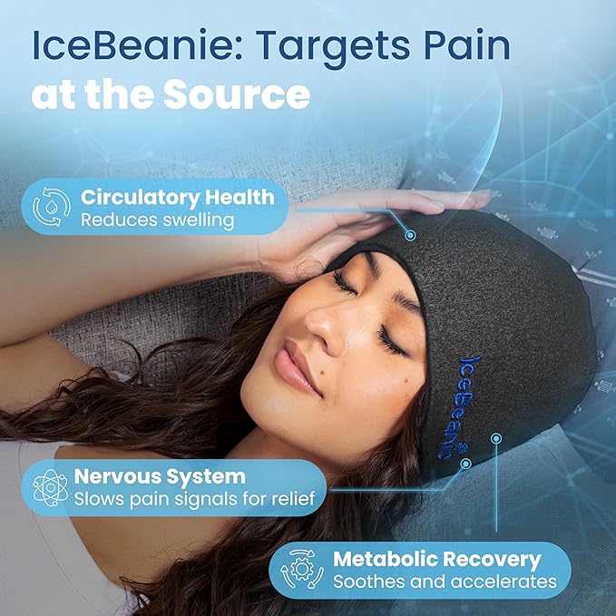 IceBeanie Migraine Relief Cap, As Seen on Shark Tank, Soft & Stretchy Gel Tension Headache Relief Cap, Extended Cooling Hangover Ice Hat, Odorless Head Wrap Ice Pack Wrap, Headache Migraine Mask