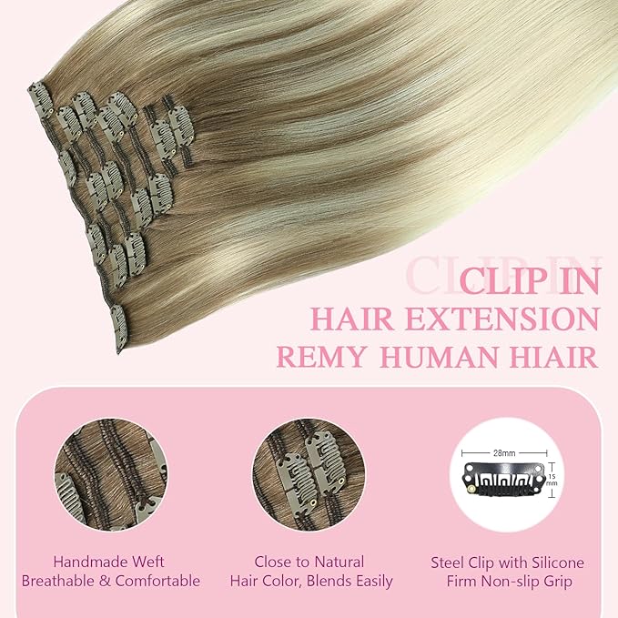 PINKPEARL Human Hair Clip in Hair Extensions 22inch #8T60 Ash Brown to Platinum Blonde Balayage Clip in Hair Extensions Real Human Hair 7pcs 120g Natural Remy Human Hair(#8T60-22)