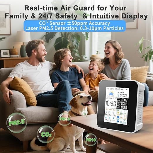 Air Quality Monitor Indoor 17-Parameter with APP Control Real-Time Display for CO2 PM2.5 PM10 Temperature Humidity 4 Sensors Alerts and Protection for Baby Rooms