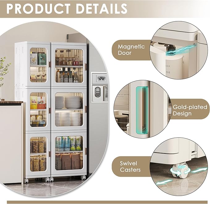 VECELO 4-Tier Plastic Tall Narrow Storage Cabinet with Movable Wheels, Adjustable Shelves, Magnetic Doors, Slim Bathroom Organizers and Storage for Small Space, Bathroom, Kitchen, Laundry, White