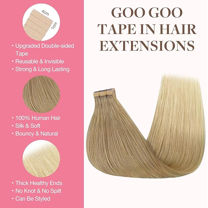 GOO GOO Tape in Hair Extensions Human Hair, O18G/22G(L) Golden Beige Blonde with Ash Highlights, 16inch 50g 20pcs, Skin Weft Seamless Invisible, Silky Straight with Thick Ends, Remy Human Hair