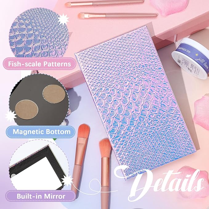 2 Pieces Magnetic Palette Mermaid Empty Palette with Mirror and 36 Pcs Adhesive Metal Empty Palette Stickers Large Mermaid Makeup Empty Palette for Eyeshadow Lipstick Blush Powder