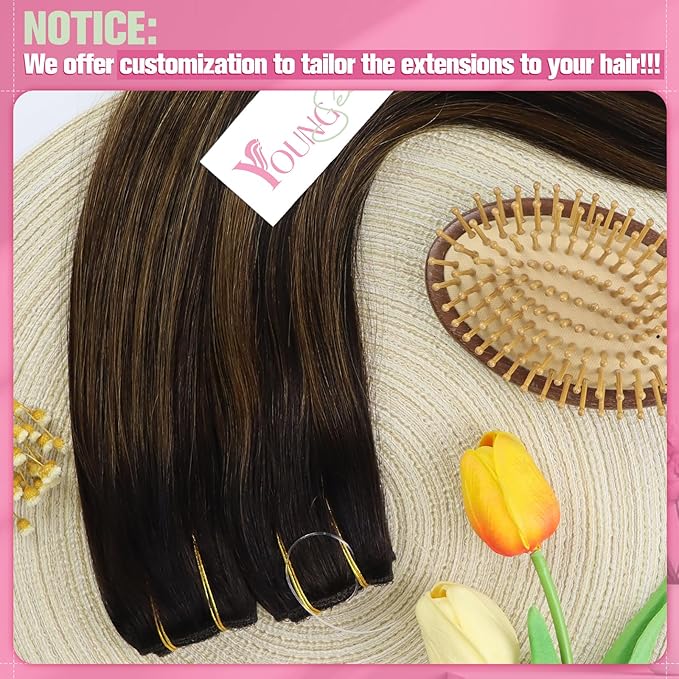YoungSee Wire Human Hair Extensions Brown Wire Hair Extensions Human Hair Balayage Darkest Brown with Medium Brown Fish Line Hair Extension Real Human Hair 80G 16In