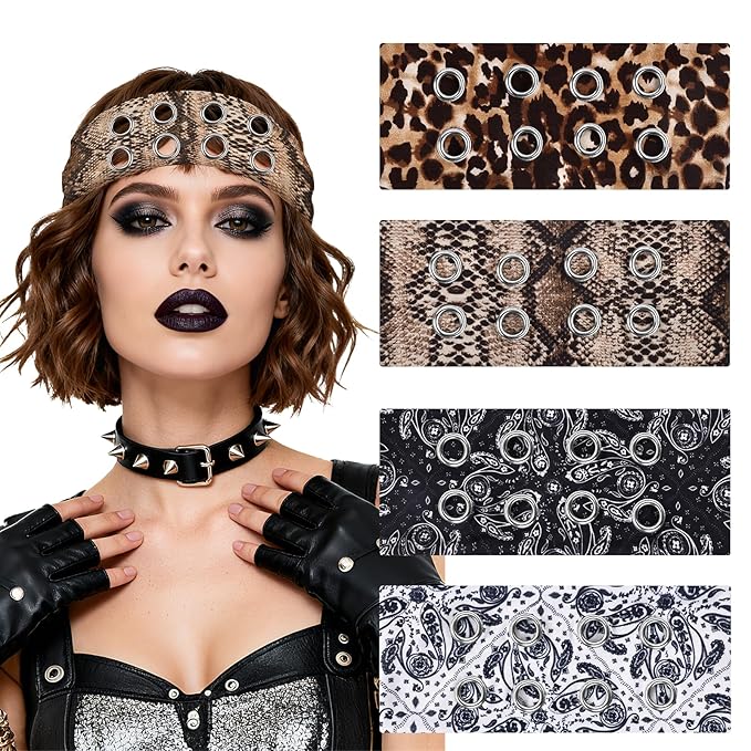 Meifuly 4 Pack Fashion Grommet Wide Headbands for Women, Hollow Out Eyelets Elastic Wide Headband, Y2k Girls Punk Grunge Stretchy Hair Accessory