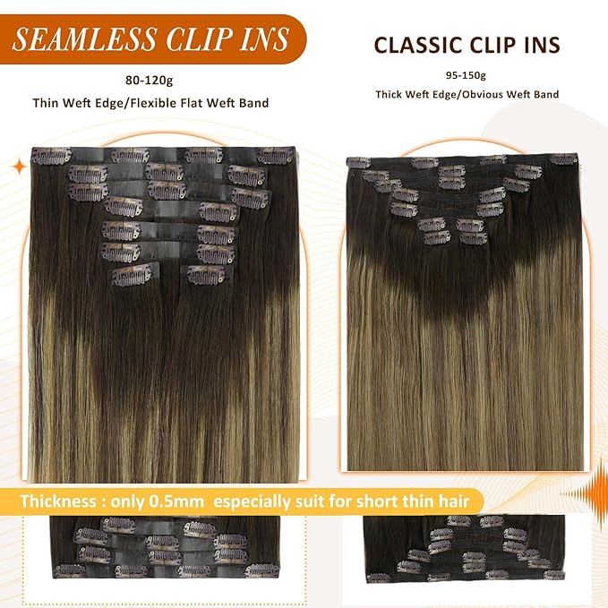 Full Shine Human Hair Clip in Extensions 12 Inch Clip in Hair Extensions Balayage Dark Brown Ombre to Light Brown with Blonde Remy Hair for Style 8 PCS 95 G