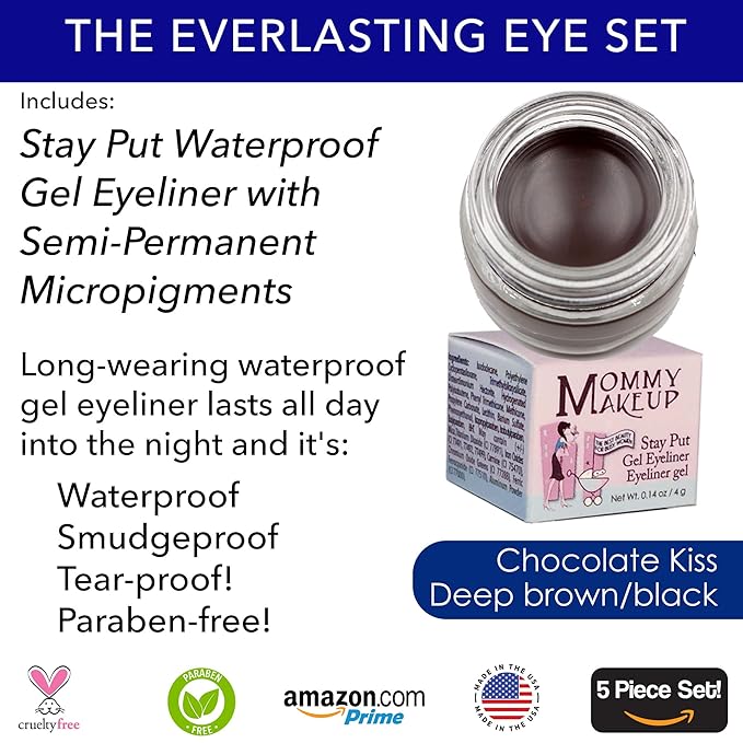 The Everlasting Eye 5 Piece Waterproof Makeup Set. Gel Eyeliner, Creme Eyeshadow, 2 brushes and Mesh Bag. Paraben-free, Talc-free, Cruelty-free. Misty Mocha/Black Beauty 1801