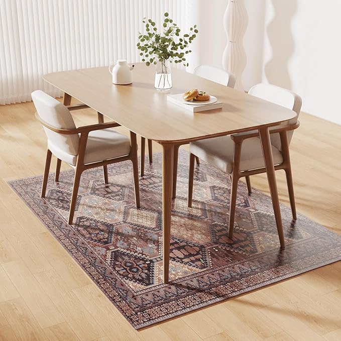 Floor Mat for Home 5×7ft, Easy Clean Plastic Rug-Like Pattern Area Mat for Living Room, Waterproof Vinyl Area Rug for Under Kitchen Table, No Slip Soft Vintage Rug for High Traffic Area (Brown)