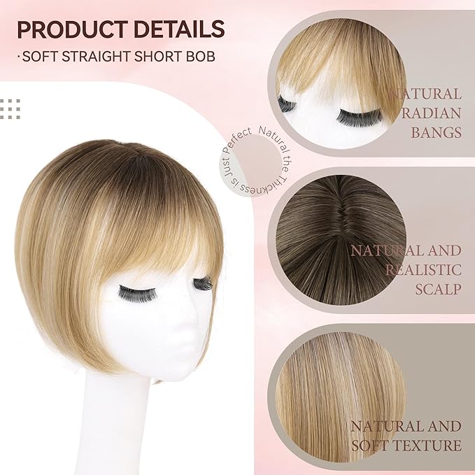 LEEONS Hair Toppers for Women with Bangs Short Bob Synthetic Pieces for Thinning Hair Side Part (Dark Blonde with Dark Root)