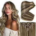 Ve Sunny Clip in Hair Extensions Real Human Hair Highlights Clip on Hair Extensions Dark Brown with Caramel Blonde Highlights Hair Extensions Clip ins for Short Hair Lightweight 5pcs 80g 12inch