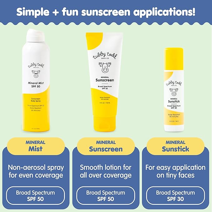 Tubby Todd Face and Body Mineral Protection Sunscreen Kit for Baby, Toddler and Kids - The Sun Bundle - Sunscreen Lotion 4 Fl Oz, Sunscreen Spray 6 Fl Oz and Sunstick 0.5 Oz - Fragrance-Free