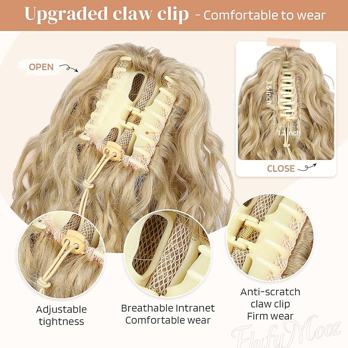 Flufymooz 100％ Pure Protein Ponytail Extension, 18 Inch Curly Claw Clip Ponytail Hair Extensions Natural Soft pony tail hairpiece for women-Deep Blonde with Ash Blonde Highlights