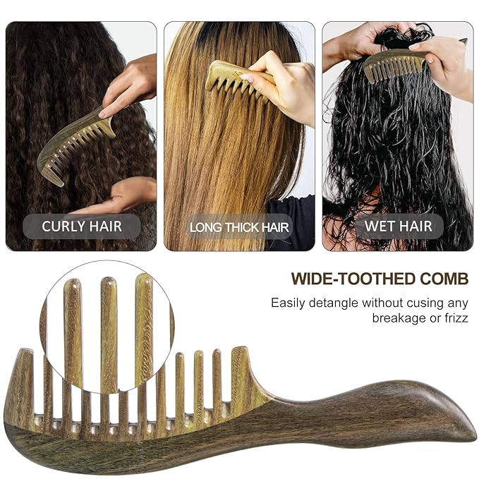 Hair Comb Wooden Wide Tooth Combs for Curly, 2 Pcs Detangling Natural Sandalwood Combs for Women and Men, Detangles Wet or Dry, Thin, Thick, Wavy or Straight Hair, Scalp Massager, Anti-static