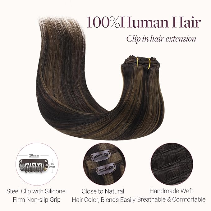 GOO GOO Clip in Hair Extensions Real Human Hair, Remy Human Hair Extensions Clip ins for Women, Natural Human Hair, 14inch 120g 7 Pcs, #2/6 Dark Brown Highlighted Chestnut Brown