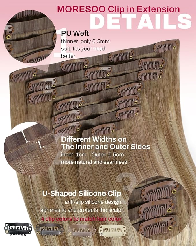 Moresoo Seamless Clip in Hair Extensions Balayage Human Hair Clip in Extensions Seamless Ombre Light Brown Mixed with Golden Blonde 7pcs/120g 18inch