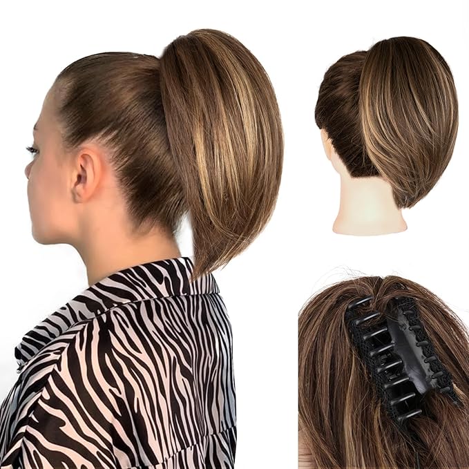 10 Inch Ponytail Extension - Straight Pony Tails Hair Extensions, Claw Clip Ponytail Extension, Synthetic Hair Extensions Ponytail, Clip in Ponytail (Color: Chestnut Brown With Golden Highlights)