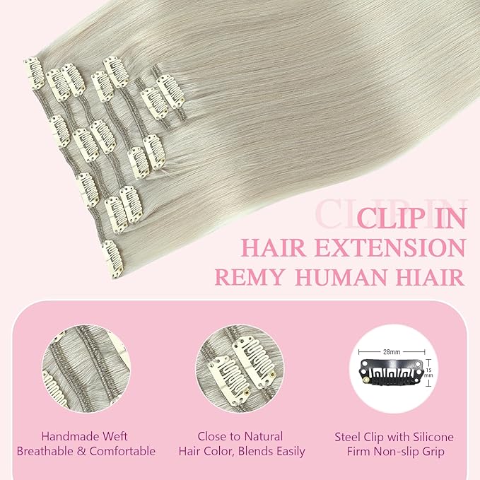 PINKPEARL Clip in Hair Extensions Real Human Hair, 20 Inch 120g 7pcs #1000 Gray Blonde Human Hair Extensions Clip Ins, Remy Hair Clip ins(#1000-20)