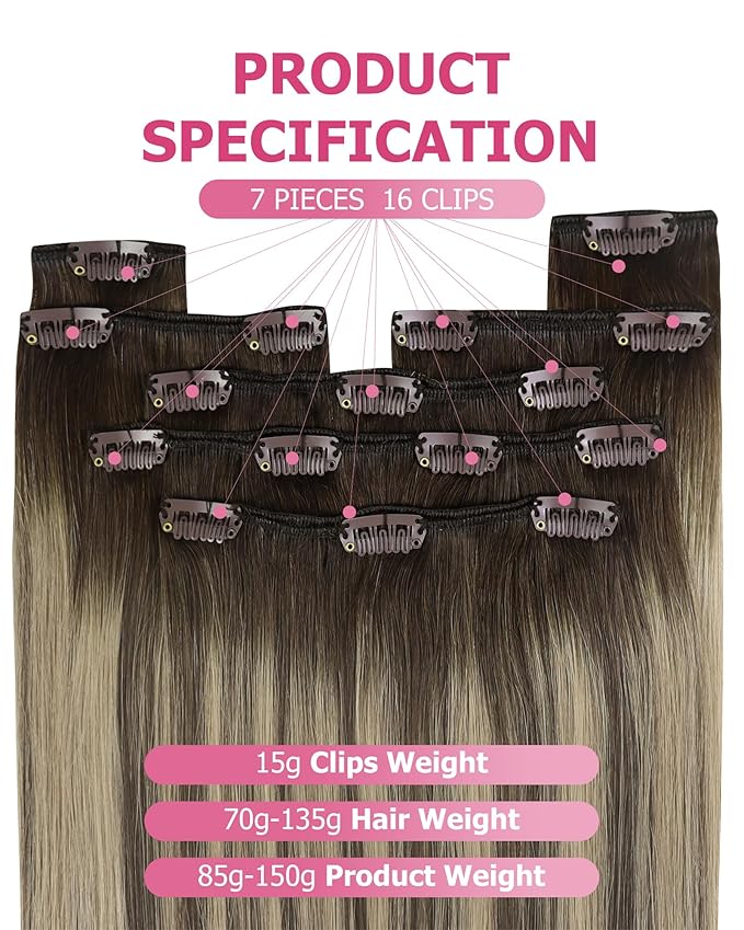 YoungSee 135G Clip in Human Hair Extensions Brown Balayage Hair Extensions Clip ins Chocolate Brown with Ash Blonde Invisible Clip on Brown Hair Extension Long-Lasting Add Volume 18Inch 7Pcs