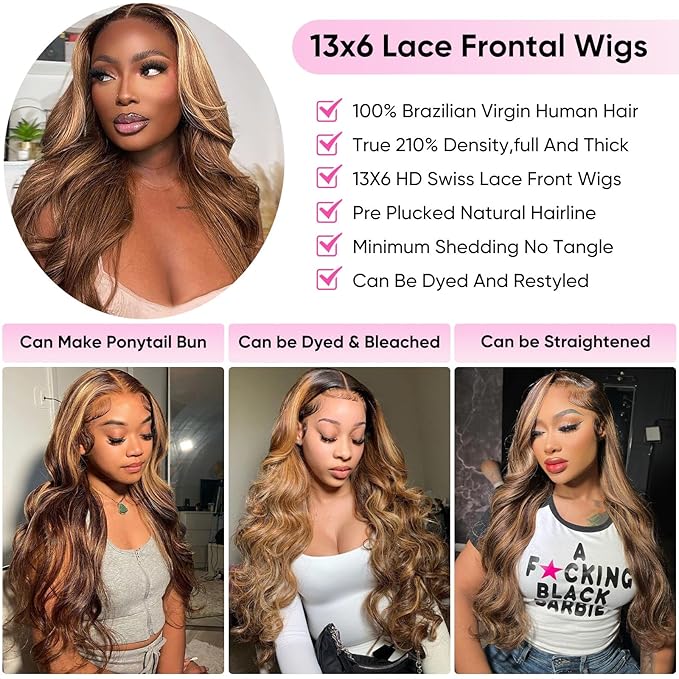 Honey Blonde Ombre 13x6 Lace Front Wig Human Hair 210 Density Highlight Body Wave Lace Front Wigs Human Hair Pre Plucked Glueless Lace Frontal Wig for Women 4/27 Colored 34Inch