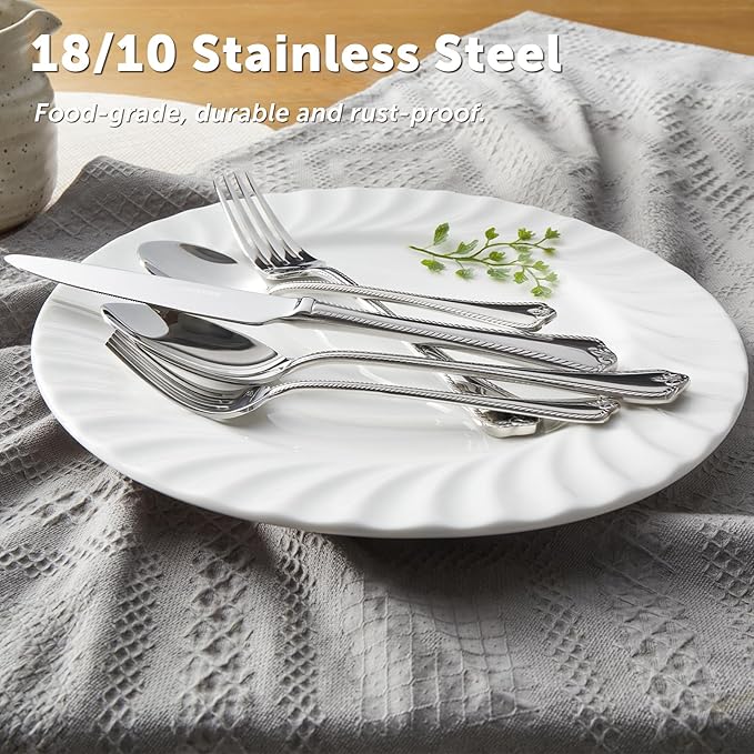 KINGSTONE Silverware Set, 60-piece 18/10 Stainless Steel Flatware Set Cutlery Set for 12, for Kitchen, Home, Wedding, Party, Mirror Polished and Dishwasher Safe, Featured Gifts