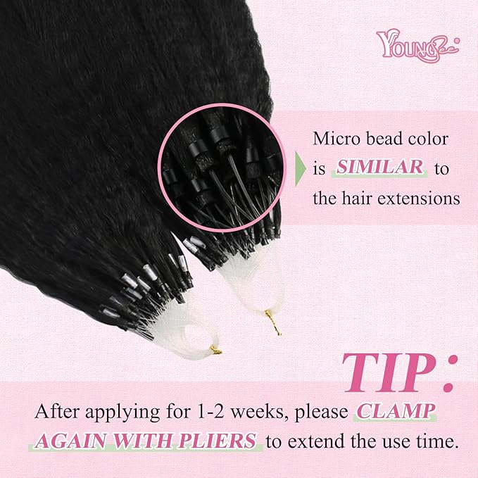 YoungSee Micro Beads Hair Extensions Human Hair Kinky Straight 22 Inch Black Microbead Hair Extensions Human Hair Black 50g Beaded Hair Extension Yaki 50s Invisible Microloop Remy Hair