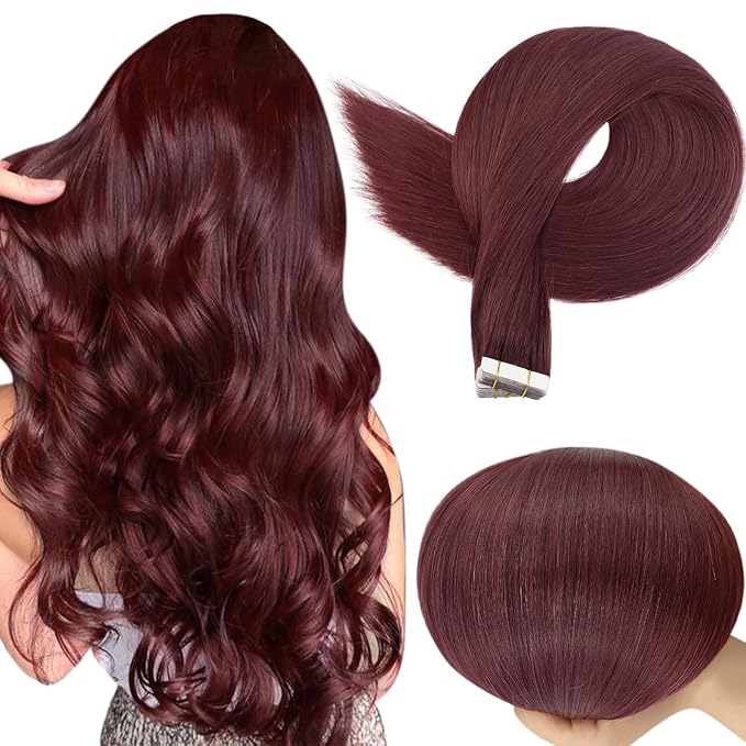 Full Shine Double Sided Tape in Hair Extensions Human Hair Color 99J Wine Red Tape in Extensions Silky Straight Skin Weft 20Inch 100G Seamless Extension 40Pcs for Women