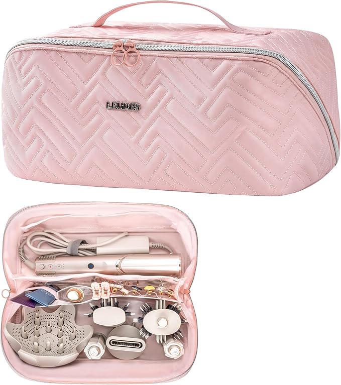 Leudes Hair Tools Travel Bag For Dy son Airwrap Hair Dryer Shark Flex Style Carrying Case Travel Makeup Bag Portable Pouch Open Flat Packing Organizers with Divider and Handle (Pink)