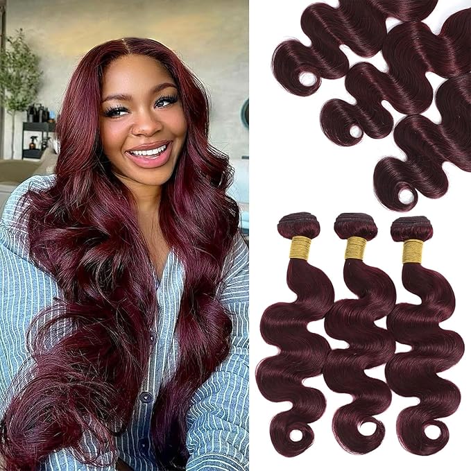 99J Human Hair Bundles Body Wave Burgundy Dark Red Wine Color Body Wave Bundles 100% Real Human Hair 20 22 24 Inch True To Length 3 Pcs/Pack