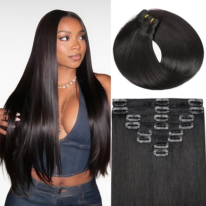 Clip in Hair Extensions Real Human Hair, 26Inch 130g, 1B Natural Black, Invisible Seamless Straight Remy Human Hair Extensions Cip ins for Women 8pcs Per Set with Double Weft