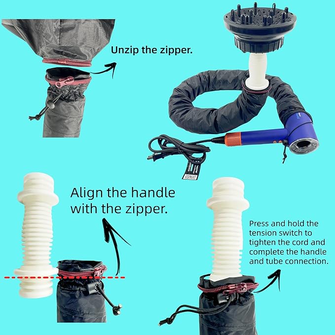 Hooded Hair Dryer for Curly Hair, Large Adjustable Blow Dryer Cap, Portable Hair Dryer Bonnet Attachment, Soft Diffuser for Fast Drying & Deep Conditioning, Headband Integrated Design (black)