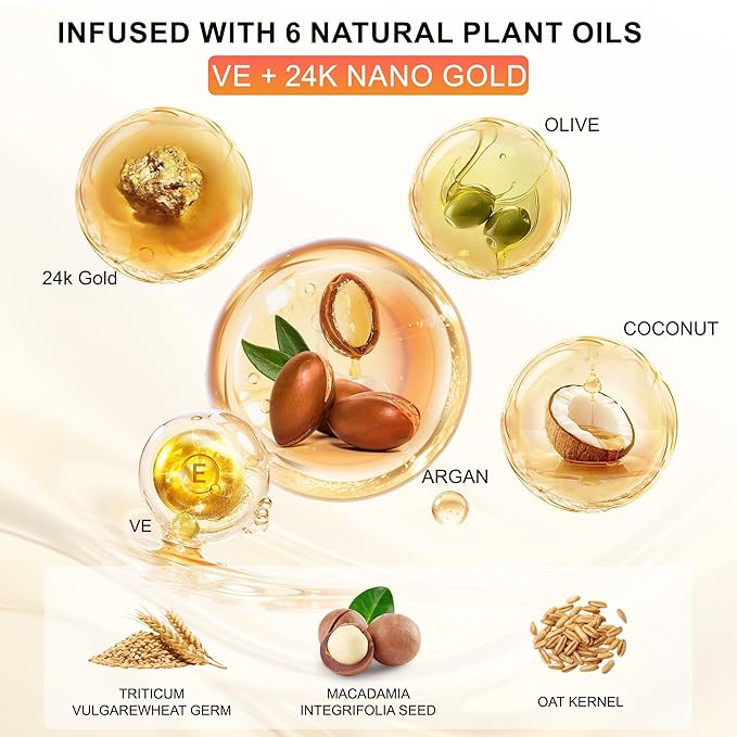 24K Gold Hair Oil, Repair Shine Serum with Coconut, Argan & Olive Oils - Heat Protectant and Frizz Control - Vegan, Lightweight Leave-In Treatment for Dry Damaged Hair (2.02 Fl Oz (Pack of 1))