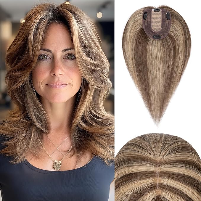 Rich Choices Hair Toppers for Women Real Human Hair 100% Human Remy Toppers NO Bangs with Thinning on Top Clip in Hairpiece 4"x4.7"Lace Base 14 Inch #4P27 Medium Brown Highlights Dark Blonde